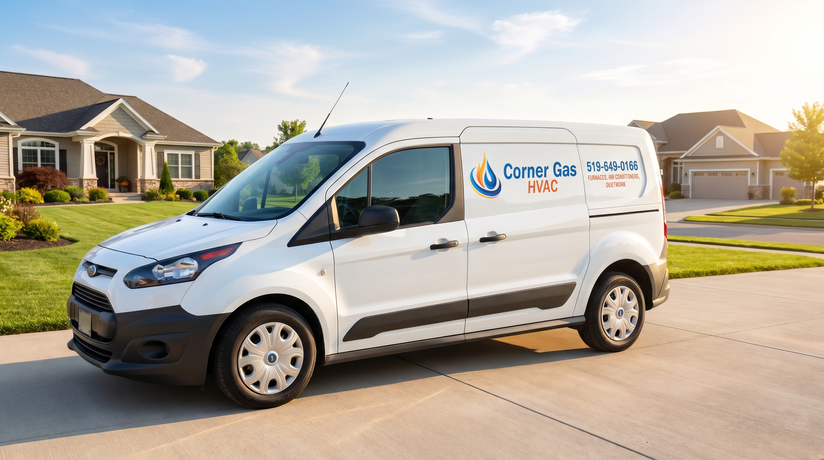 Corner Gas HVAC service van parked at a customer home in London Ontario on a sunny day